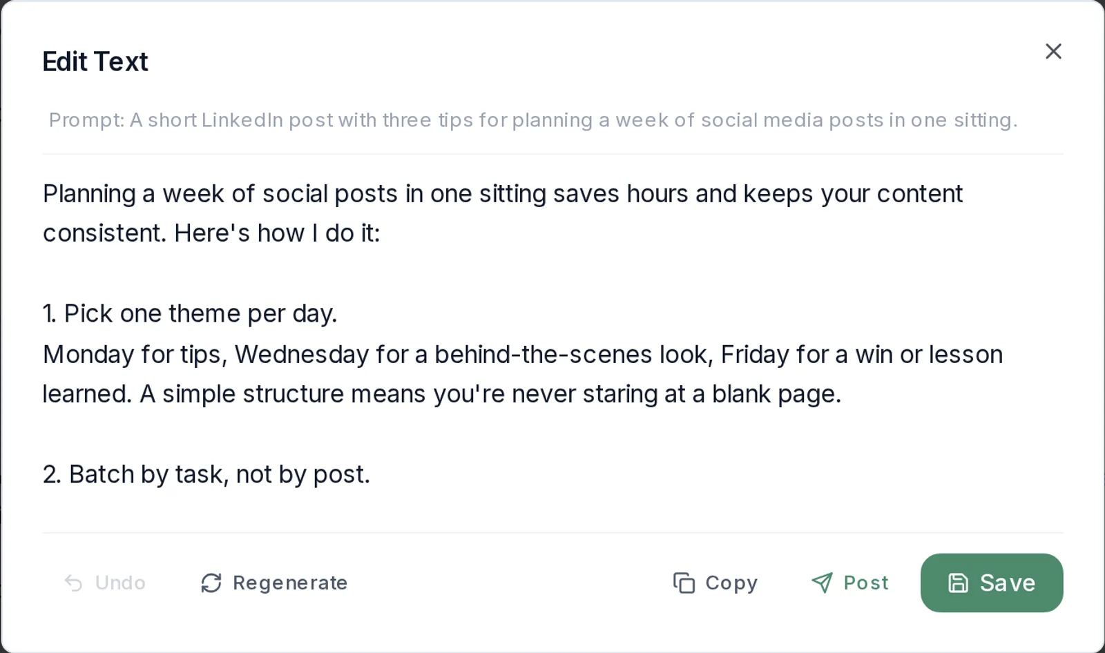 PostEverywhere AI Studio editor showing a LinkedIn caption written from a short prompt, with Regenerate, Copy, Post and Save buttons
