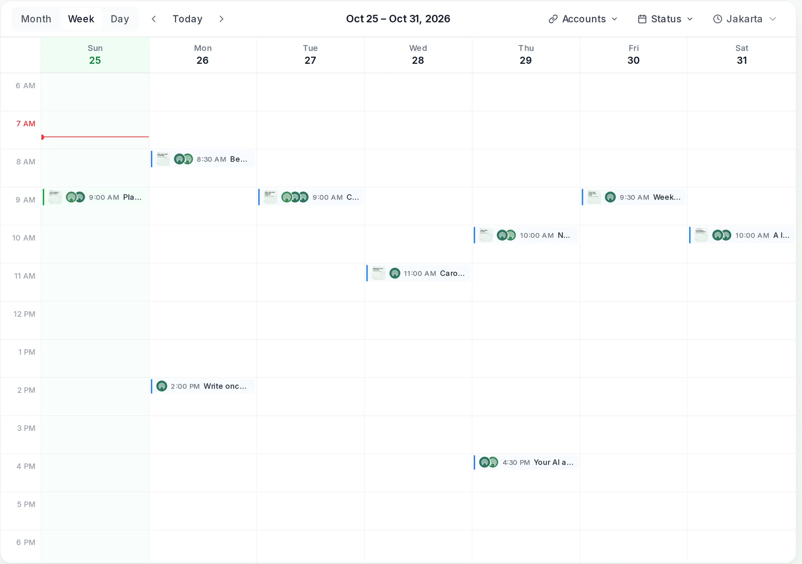 PostEverywhere calendar in week view showing posts scheduled across several social platforms from Sunday to Saturday