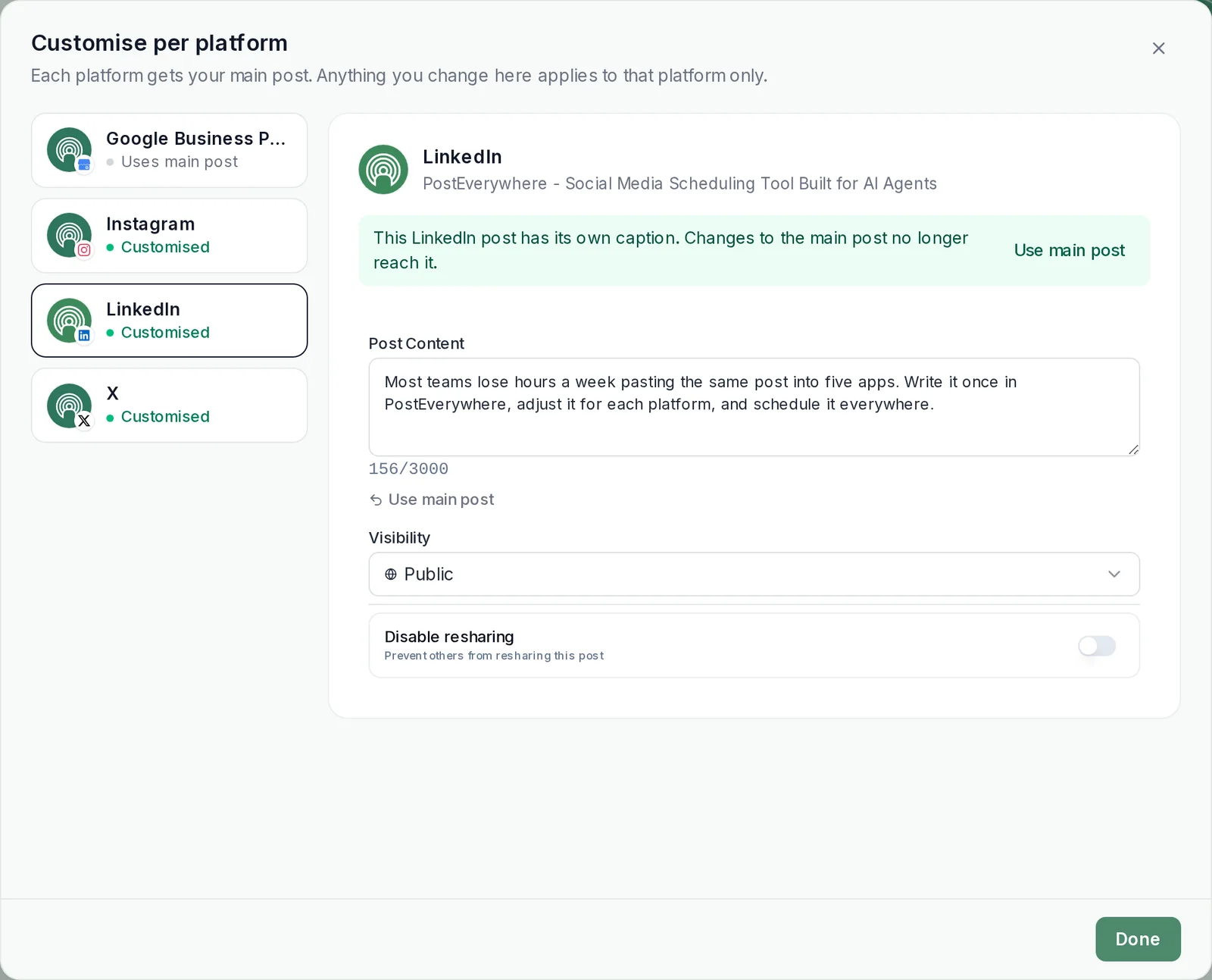 PostEverywhere Customise per platform window with a separate LinkedIn caption, and Instagram and X marked as customised