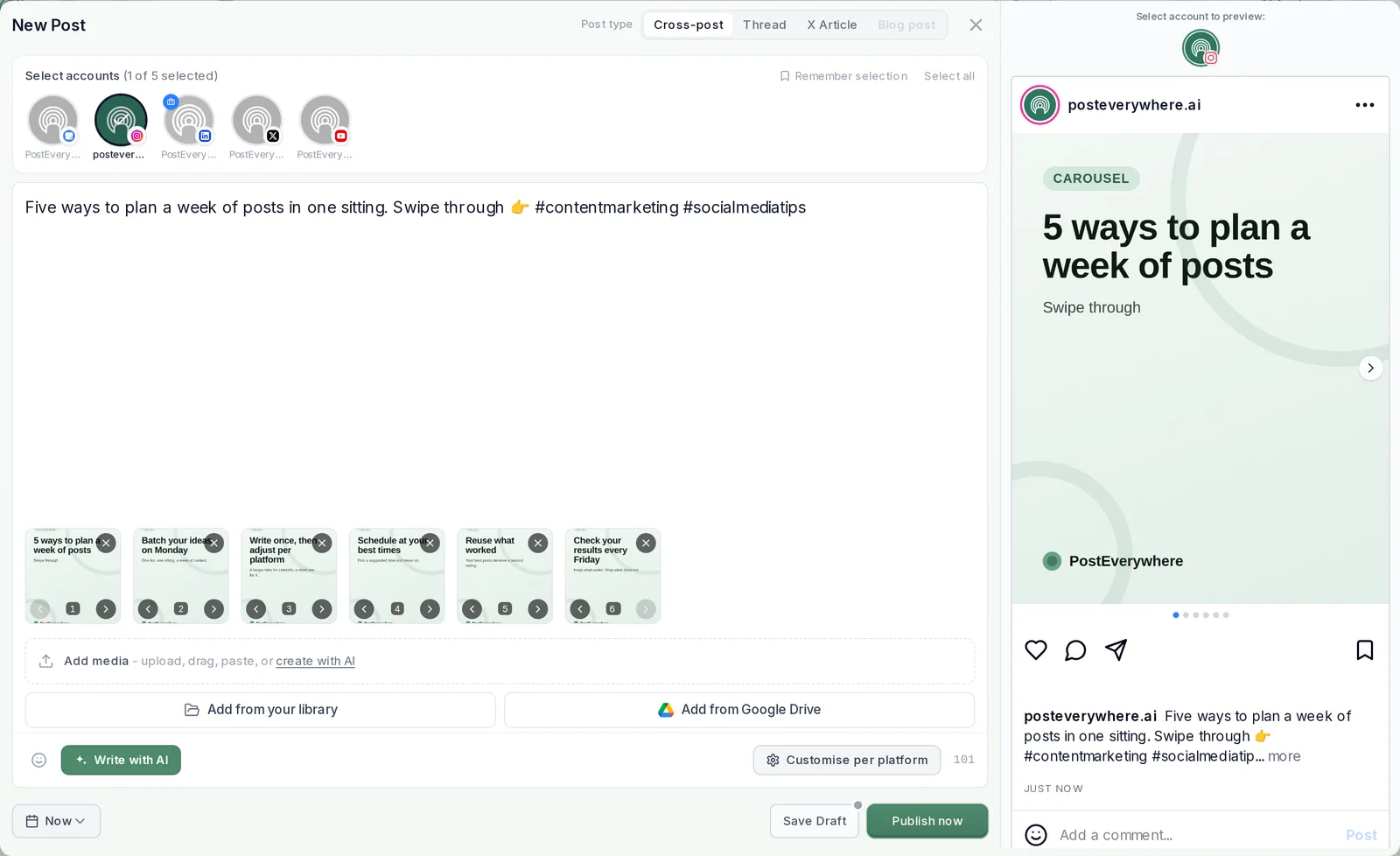 PostEverywhere New Post composer with an Instagram account selected, a six-image carousel attached and a live Instagram preview of the first slide