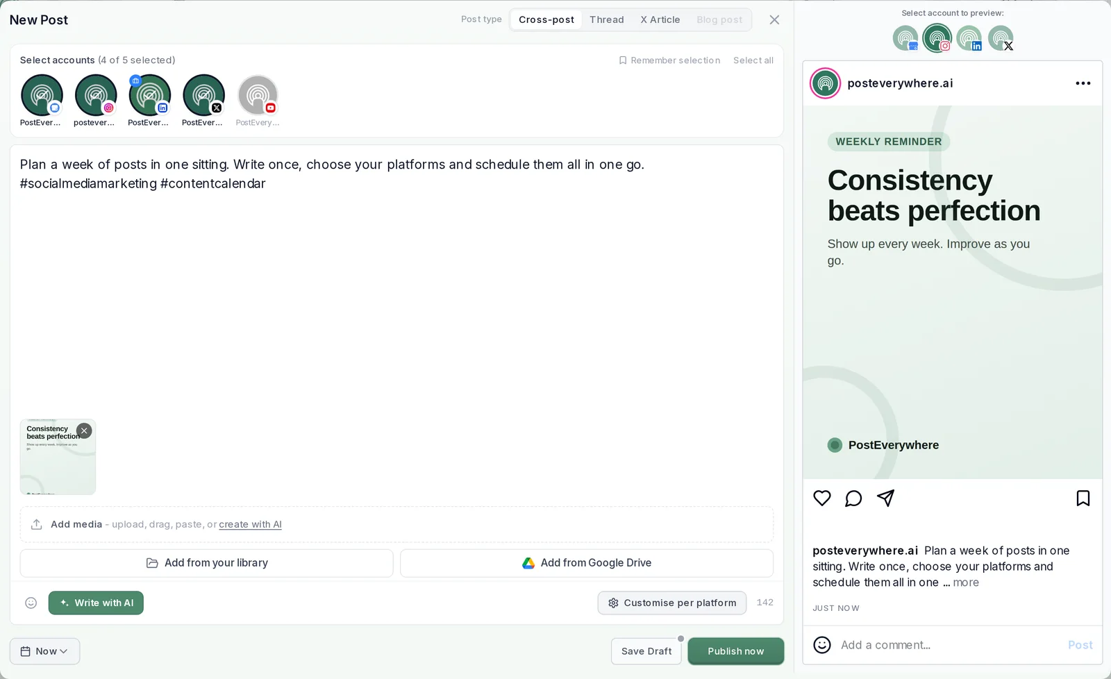 The PostEverywhere New Post composer with accounts to select, the caption box, Add media and the when-to-post menu