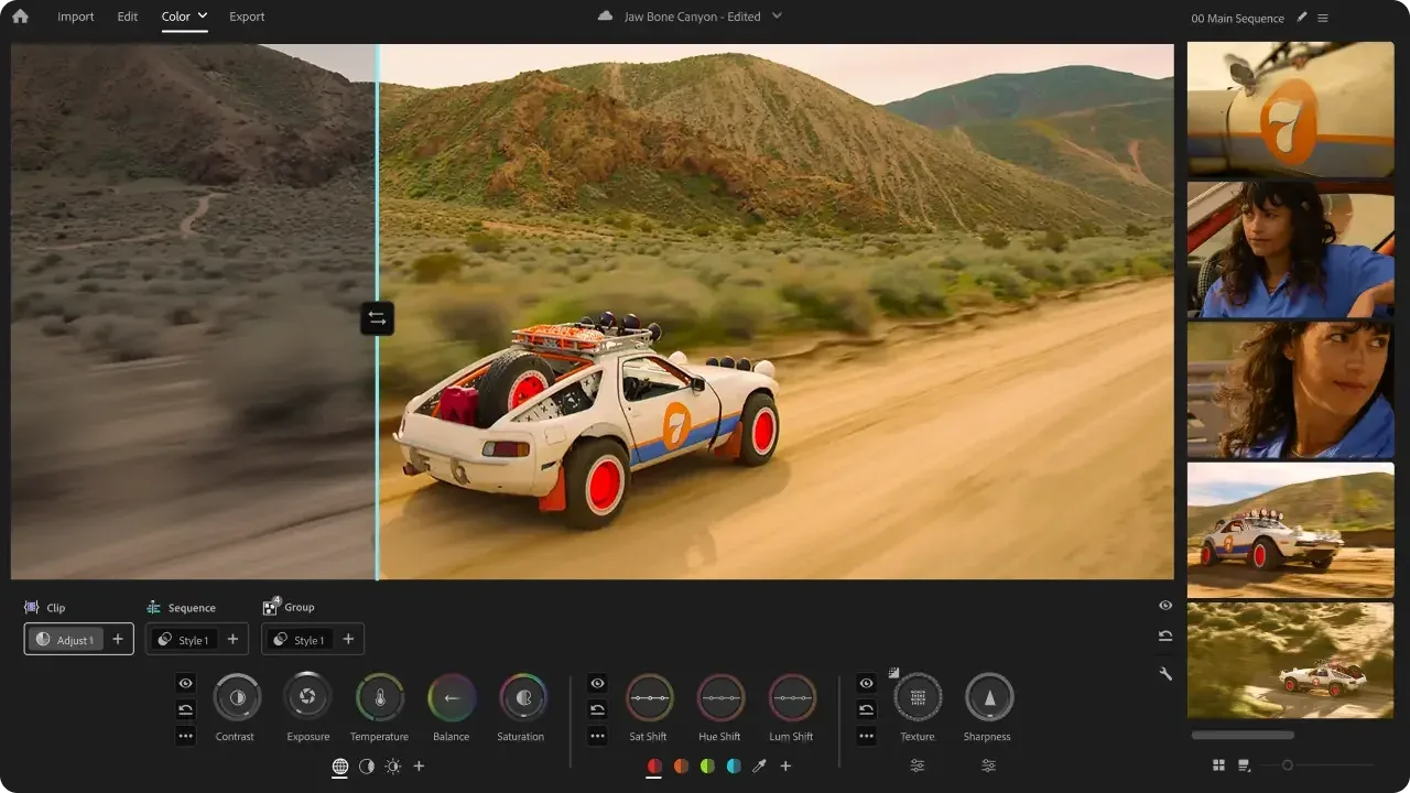 Adobe Premiere Color workspace with a before and after split view and contrast and exposure controls