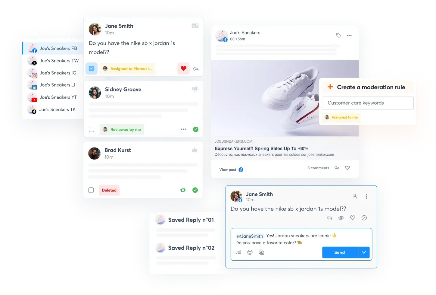 Agorapulse unified inbox with per-network accounts, assigned items, a moderation rule and saved replies