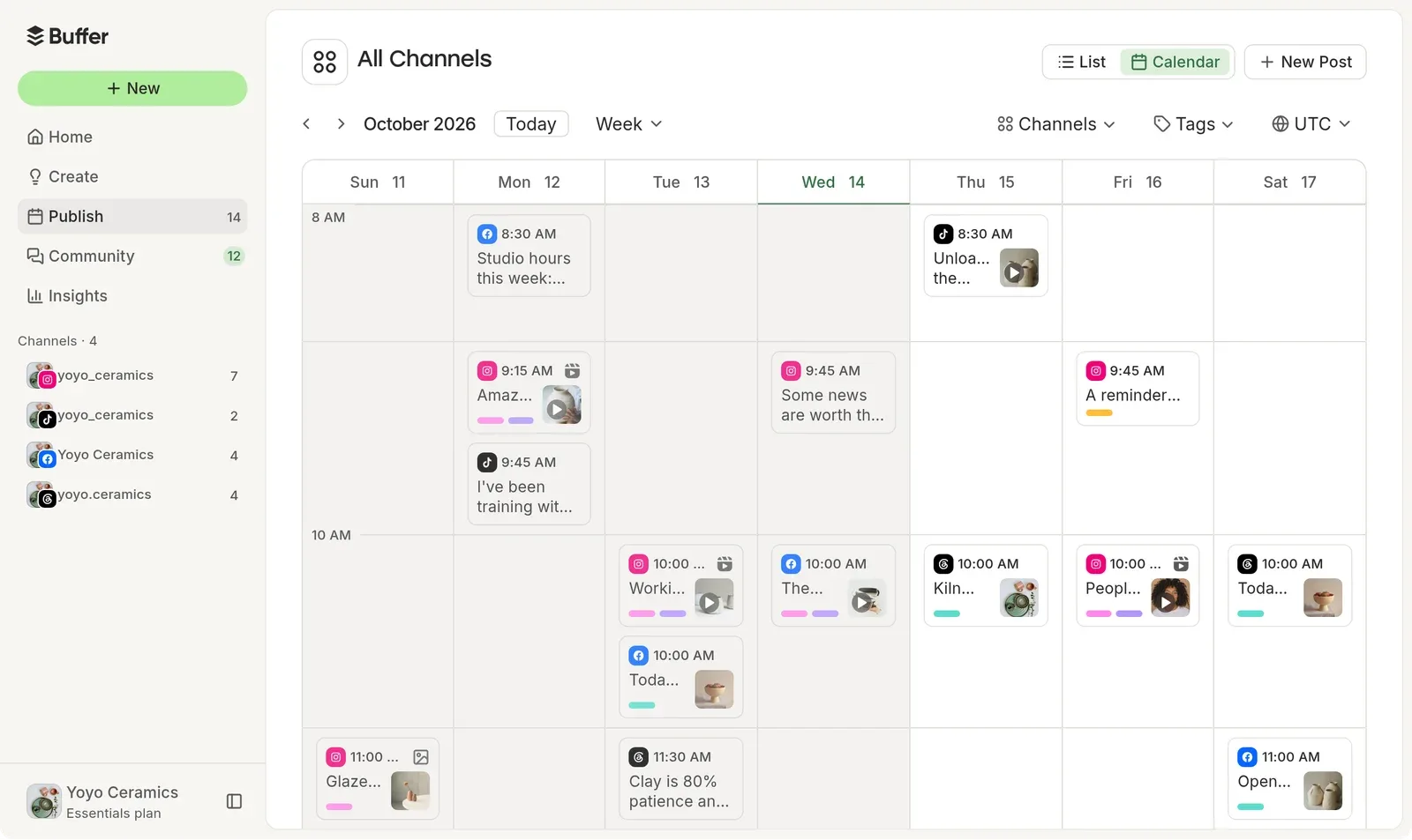 Buffer publishing calendar showing a week of scheduled Instagram, TikTok, Facebook and Threads posts