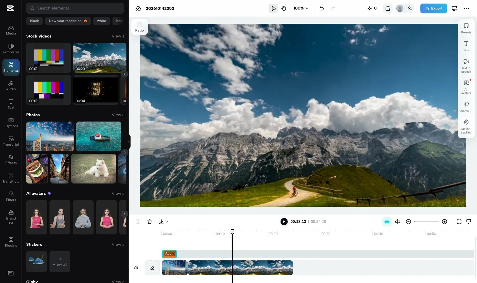 CapCut: CapCut web editor: Elements panel (stock videos, photos, AI avatars), player with a stock mountain clip, right-hand tool rail (Text to speech, AI avatars, Motion tracking), and a timeline with video and text tracks