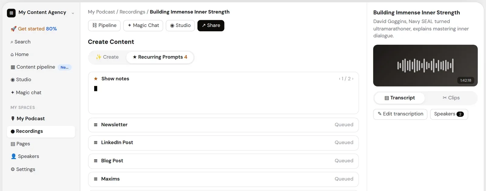 Castmagic recording page with Create Content, recurring prompts for newsletter and LinkedIn, and transcript