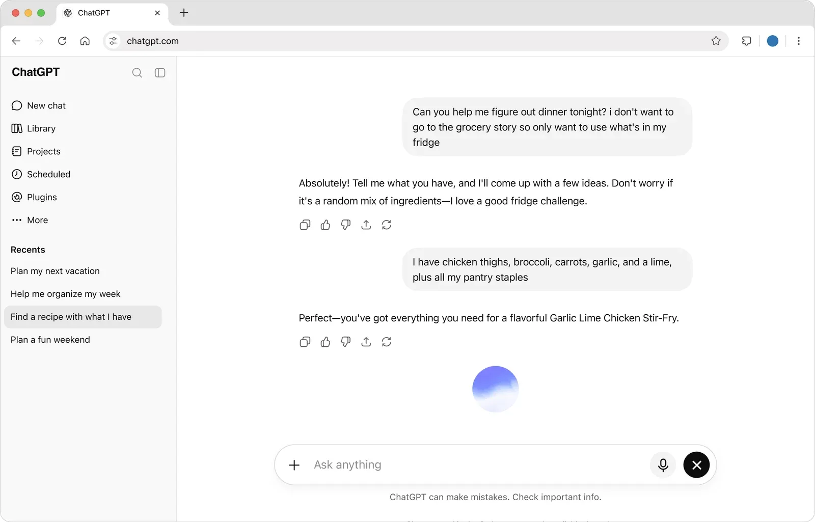 ChatGPT web app with the sidebar of recent chats and a conversation planning dinner from fridge items