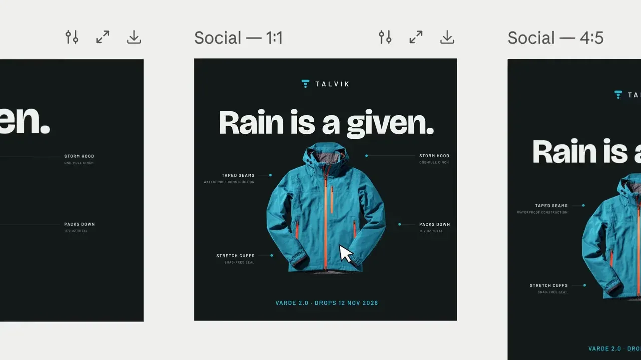 Claude-made social graphics for a jacket launch shown side by side in square and 4:5 sizes