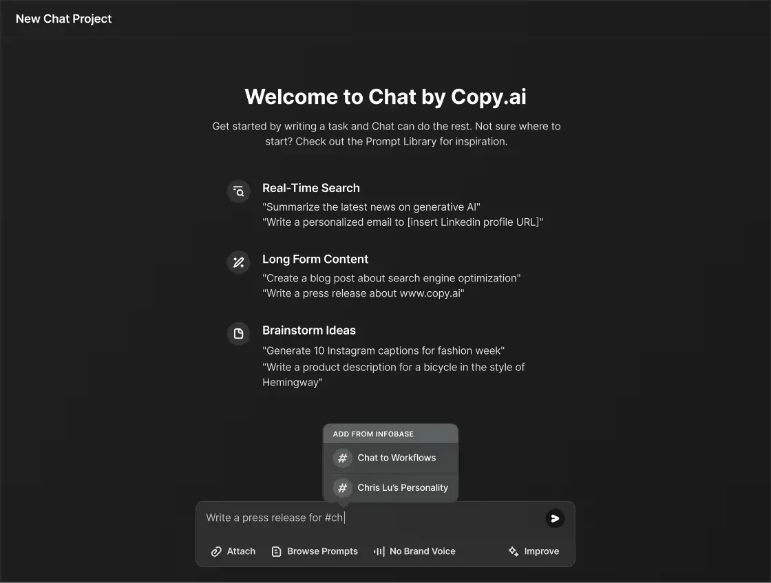 Copy.ai chat screen with example prompts, an Infobase picker, Brand Voice toggle and prompt box