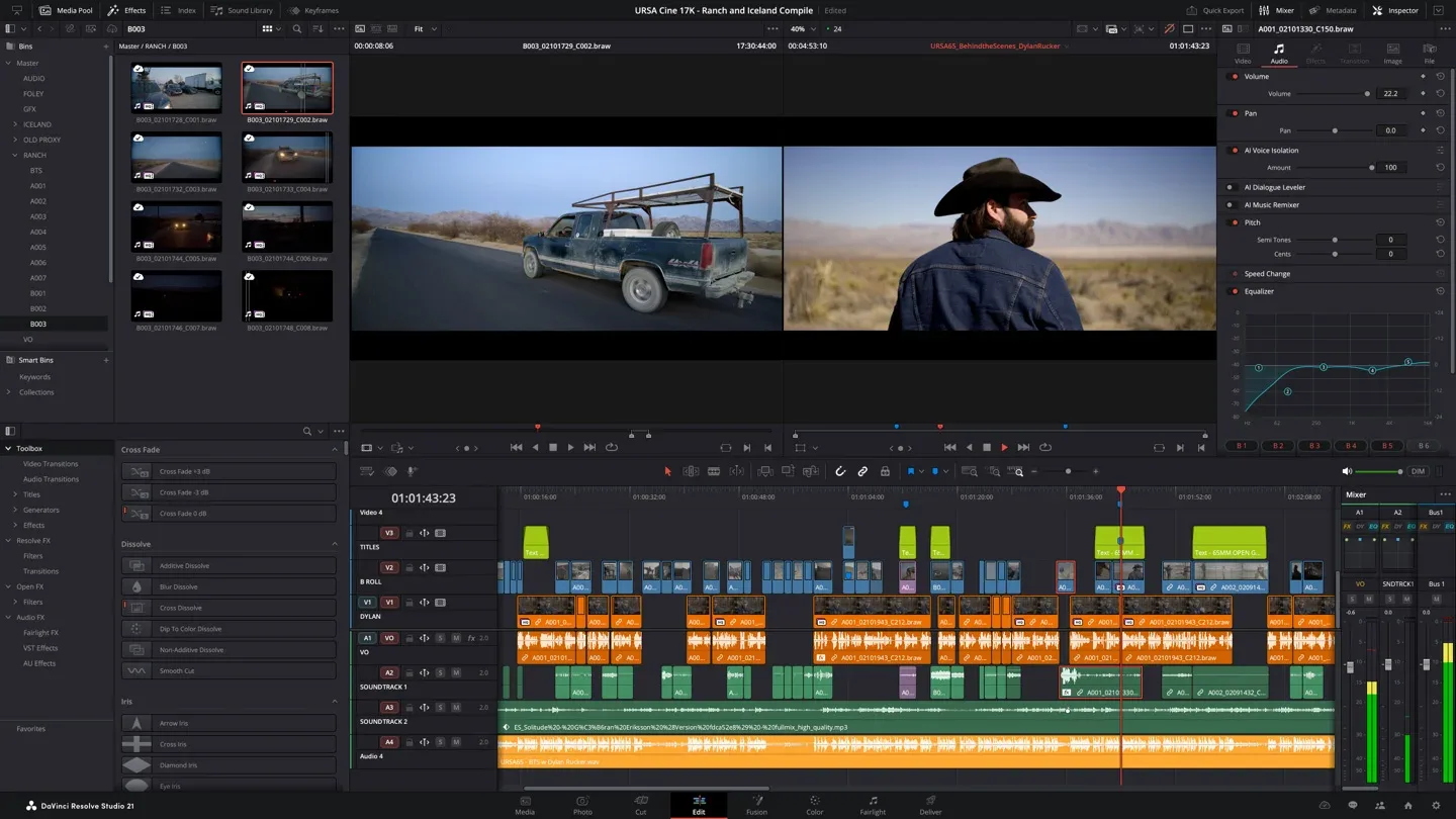 DaVinci Resolve Studio Edit page with media pool, dual viewers, inspector and a multi-track timeline