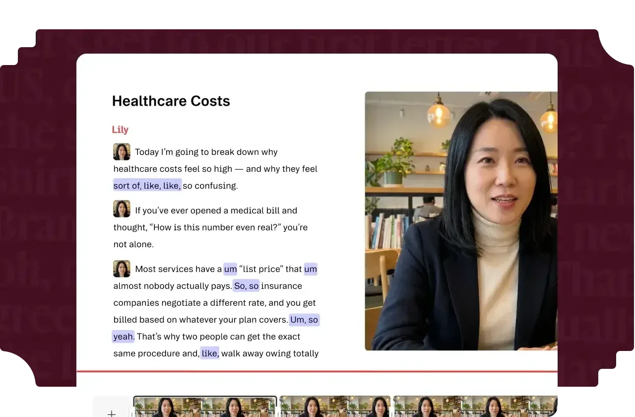 Descript text-based editor with filler words highlighted in the transcript next to the video and timeline