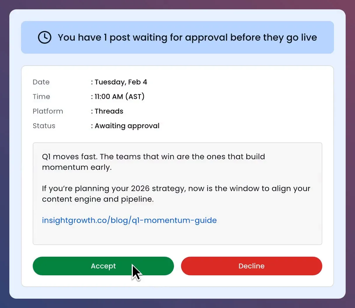 Distribution.ai approval card for a Threads post awaiting approval, with Accept and Decline buttons