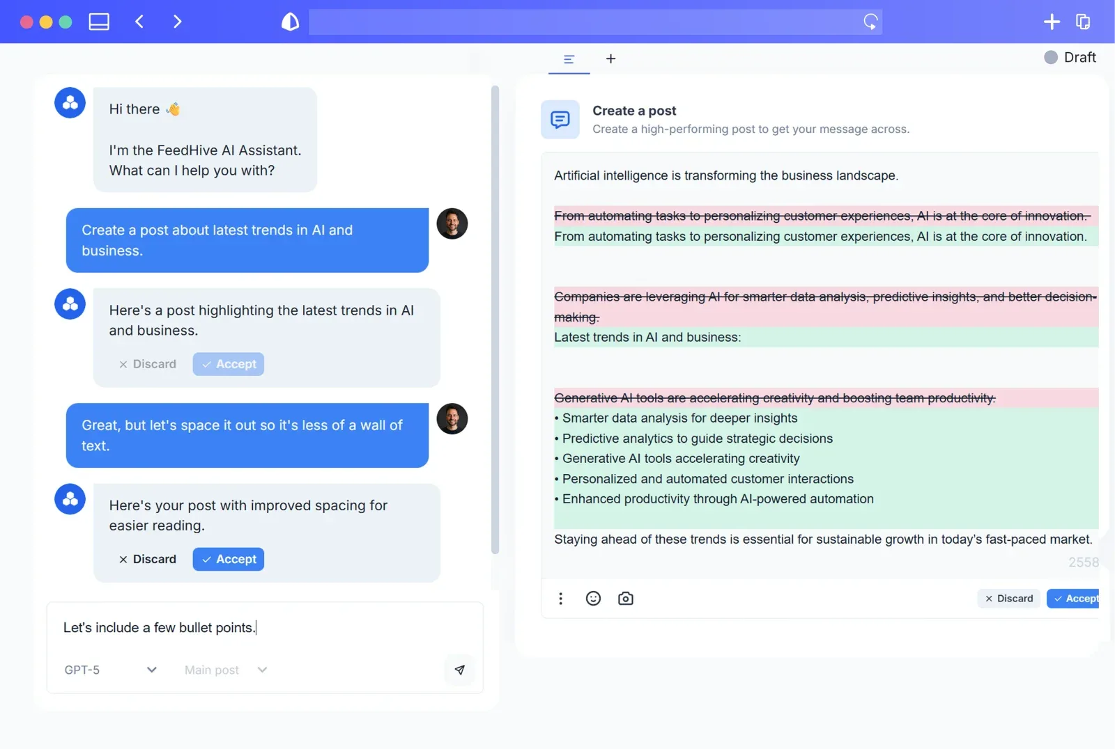 FeedHive AI Assistant chat drafting and editing a social post with tracked changes beside the draft