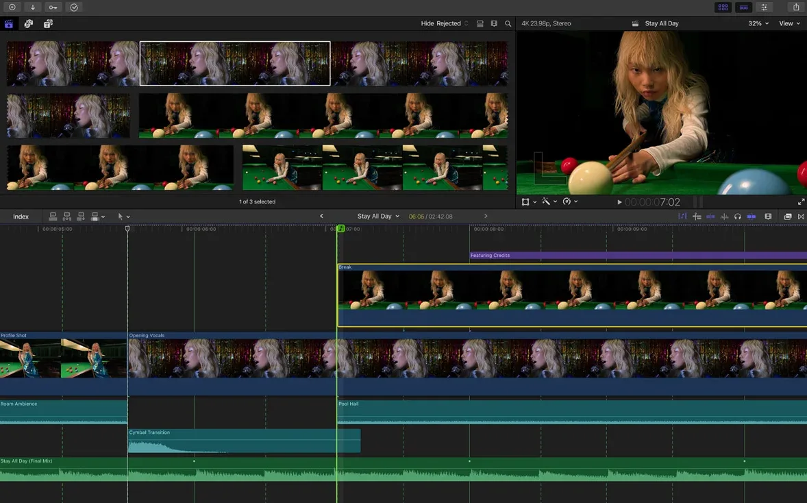 Final Cut Pro on Mac with the browser, viewer and magnetic timeline of a music video edit