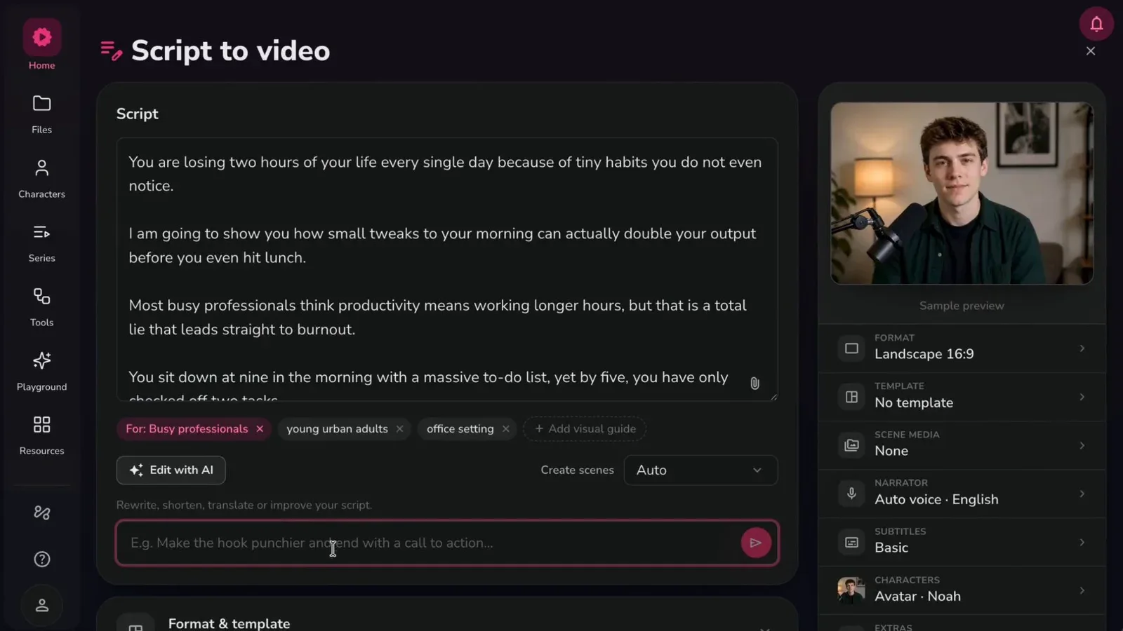 Fliki: Script to video screen: script editor with audience/visual-guide chips, Edit with AI, and side panel with format, template, scene media, narrator, subtitles and avatar character