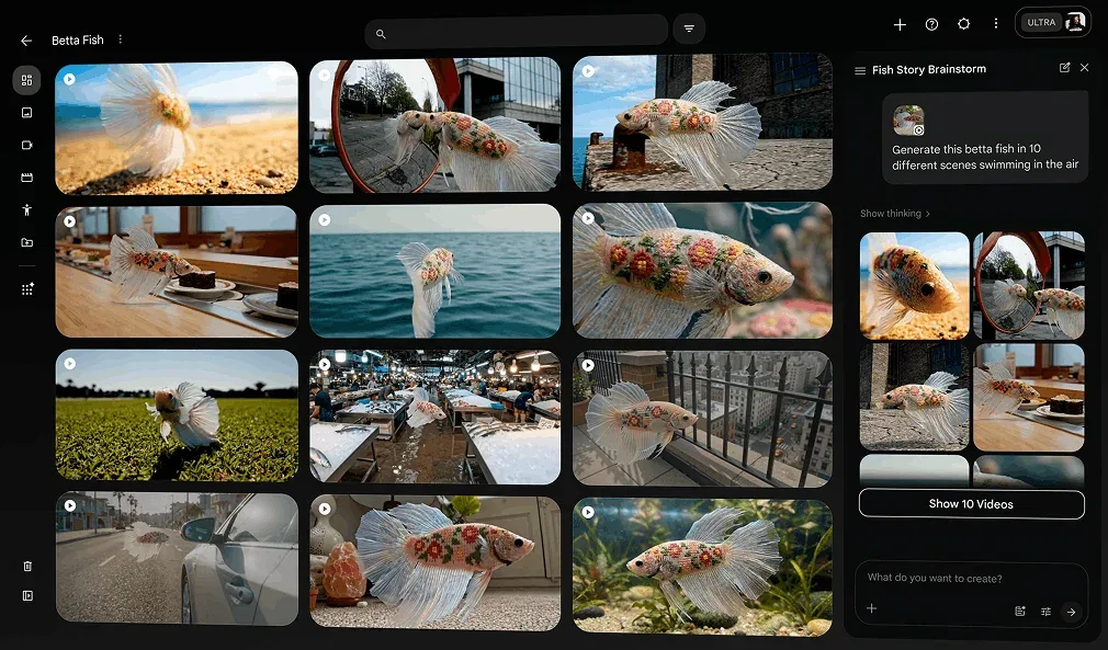 Google Veo: Google Flow project 'Betta Fish': grid of 12 generated video clips plus the agent side panel ('Generate this betta fish in 10 different scenes...', Show 10 Videos)
