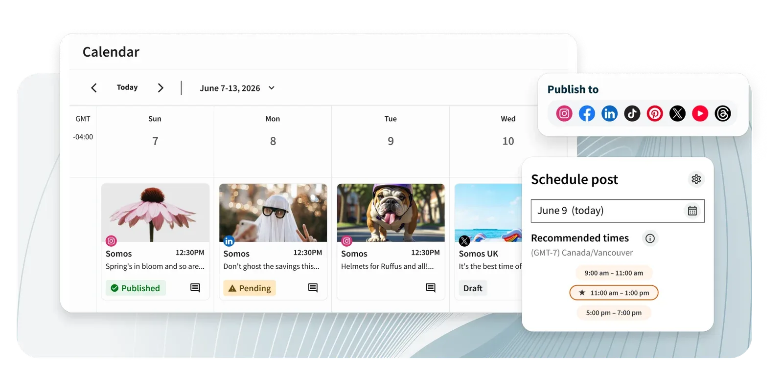 Hootsuite weekly calendar with published and pending posts, network picker and recommended posting times