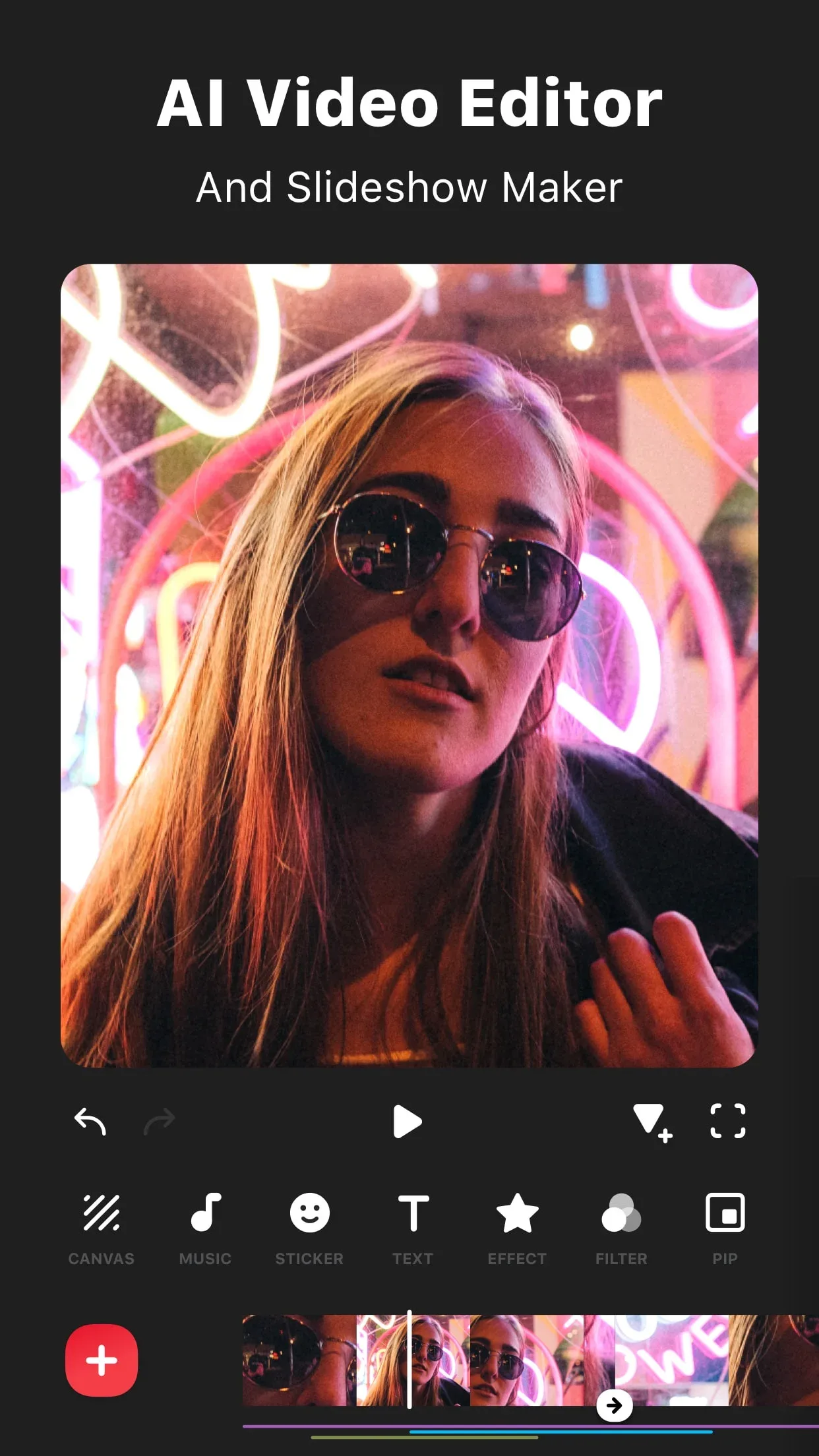 InShot mobile video editor with a preview, tools for canvas, music, text and filters, and a clip strip