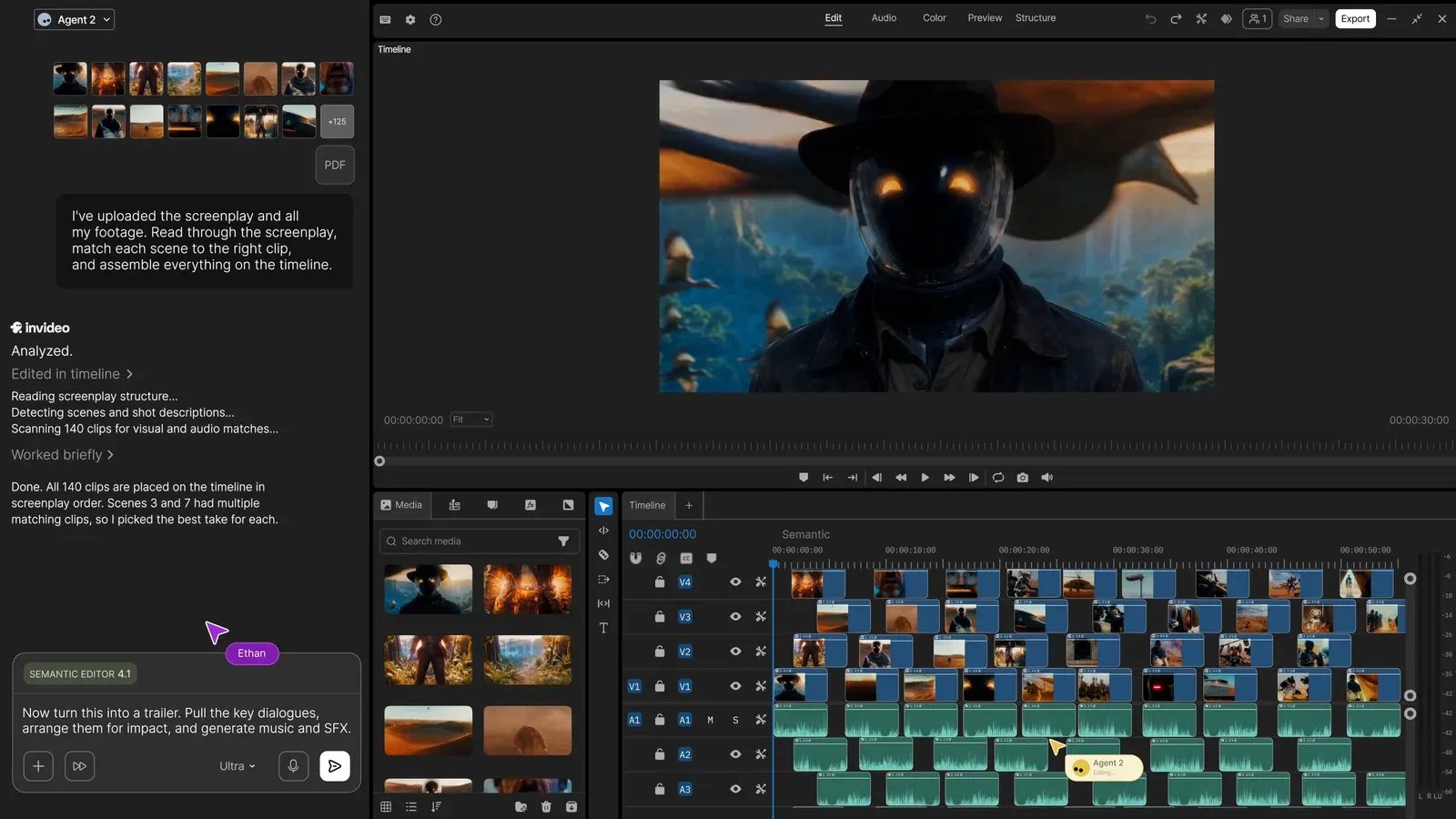 InVideo AI: invideo Editor: agent chat panel ('Done. All 140 clips are placed on the timeline...'), preview player, media bin and a multi-track timeline filled with clips