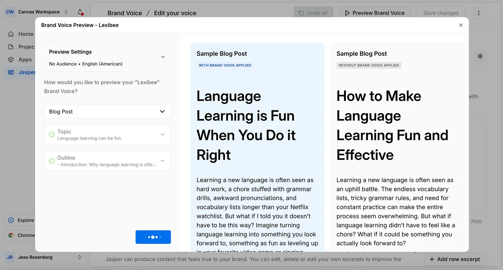 Jasper Brand Voice preview comparing a sample blog post with and without the brand voice applied