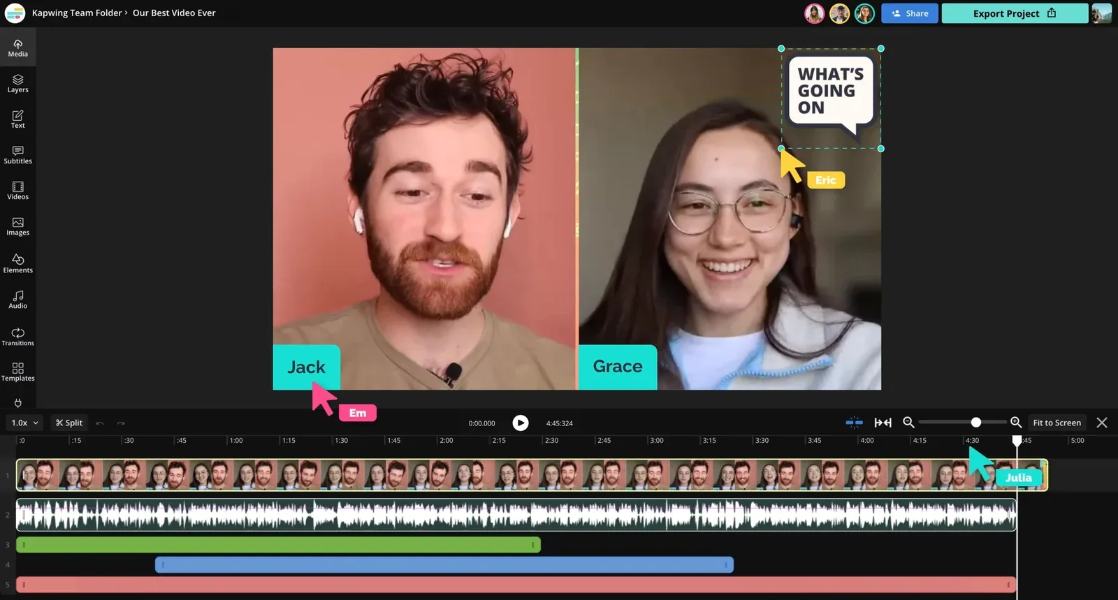 Kapwing editor with live cursors from several teammates editing one video project on a shared timeline