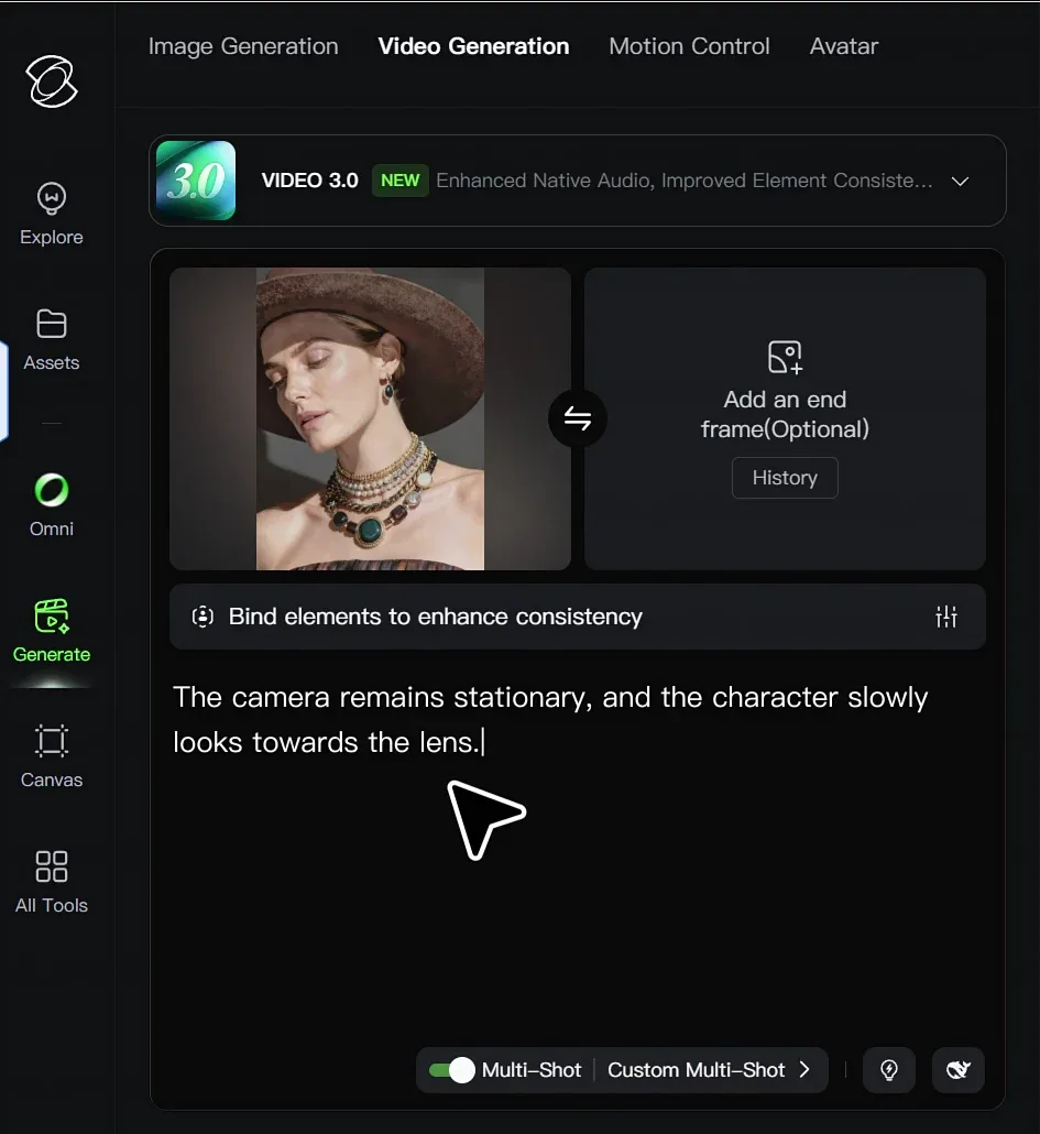 Kling AI: Kling web app Video Generation panel: VIDEO 3.0 model selected, start-frame image, prompt 'The camera remains stationary...', Multi-Shot toggle