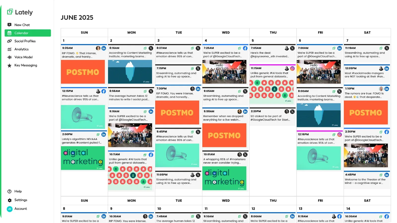 Lately calendar for a month filled with scheduled LinkedIn, X, Facebook and Instagram posts