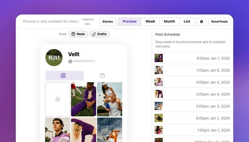 Later visual planner with an Instagram grid preview beside a list of scheduled post times