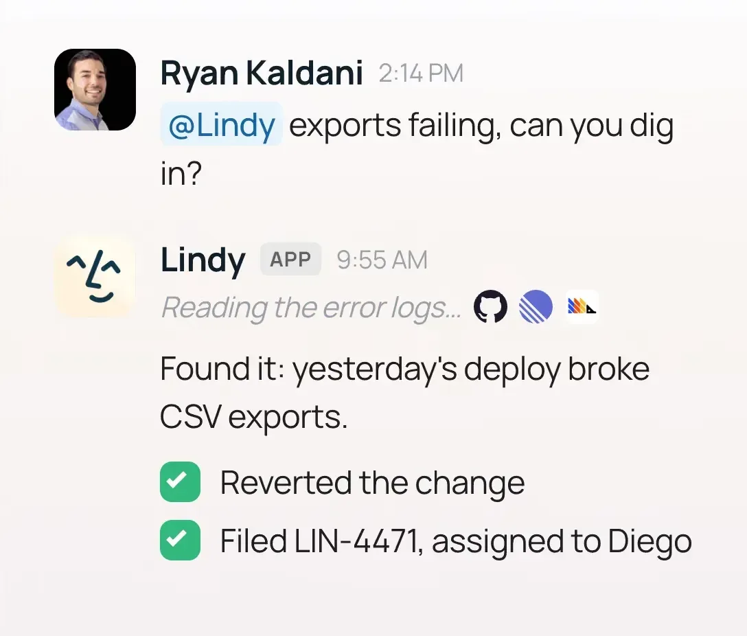 Lindy agent replying in a team chat thread after reading error logs, reverting a change and filing a ticket