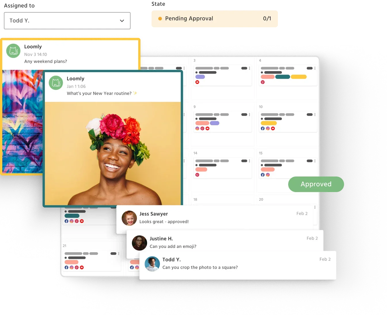 Loomly approval flow with a pending approval state, an Approved calendar badge and team comments