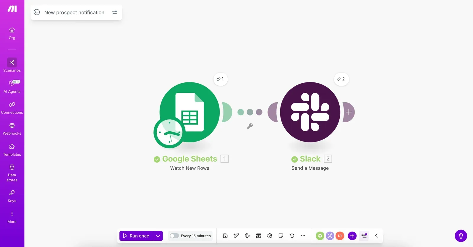 Make scenario editor linking a Google Sheets Watch New Rows trigger to a Slack Send a Message module