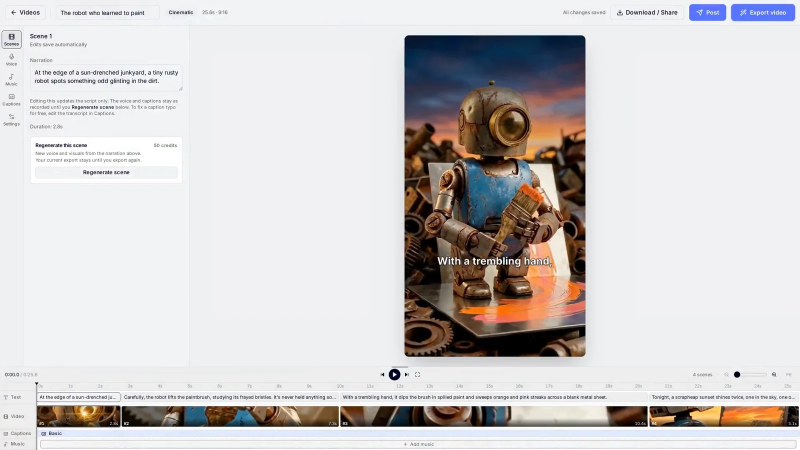 MakeAIVideo editor with scene narration, a regenerate scene button, a 9:16 preview and the timeline