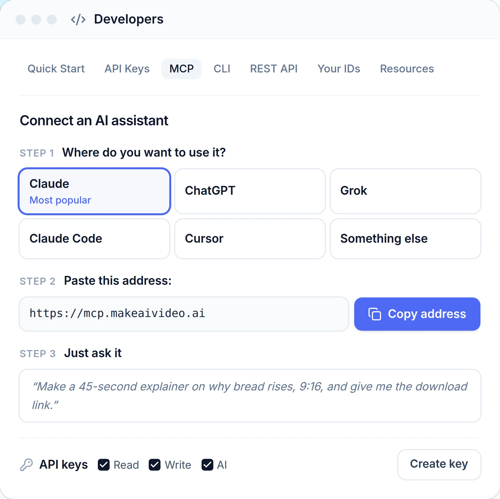 MakeAIVideo panel for connecting an AI assistant (Claude, ChatGPT, Grok, Claude Code, Cursor) with its MCP address