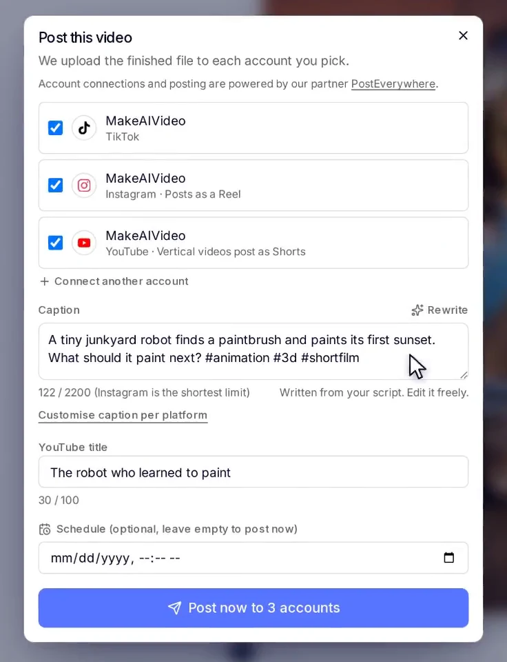 MakeAIVideo Post this video dialog with TikTok, Instagram and YouTube, a caption, title and schedule
