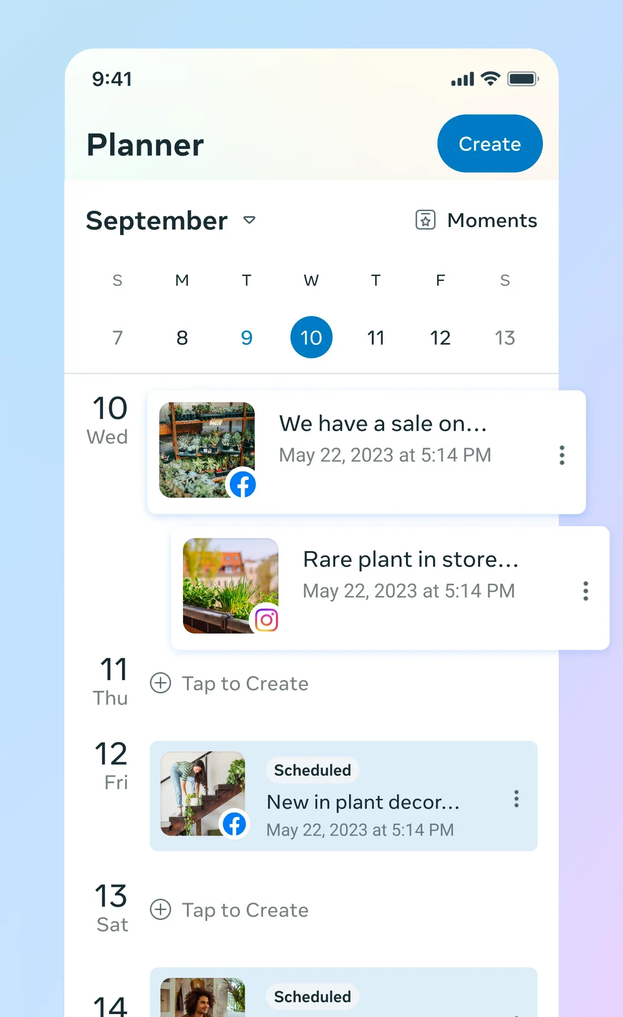 Meta Business Suite mobile Planner with a week strip and scheduled Facebook and Instagram posts