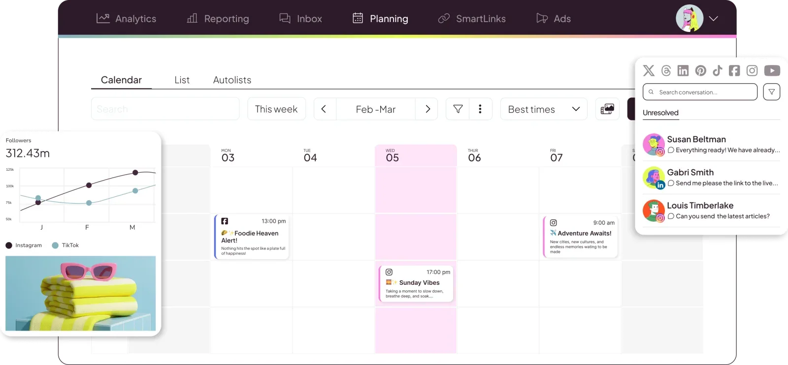 Metricool planning calendar with best times, a followers growth chart and an inbox panel