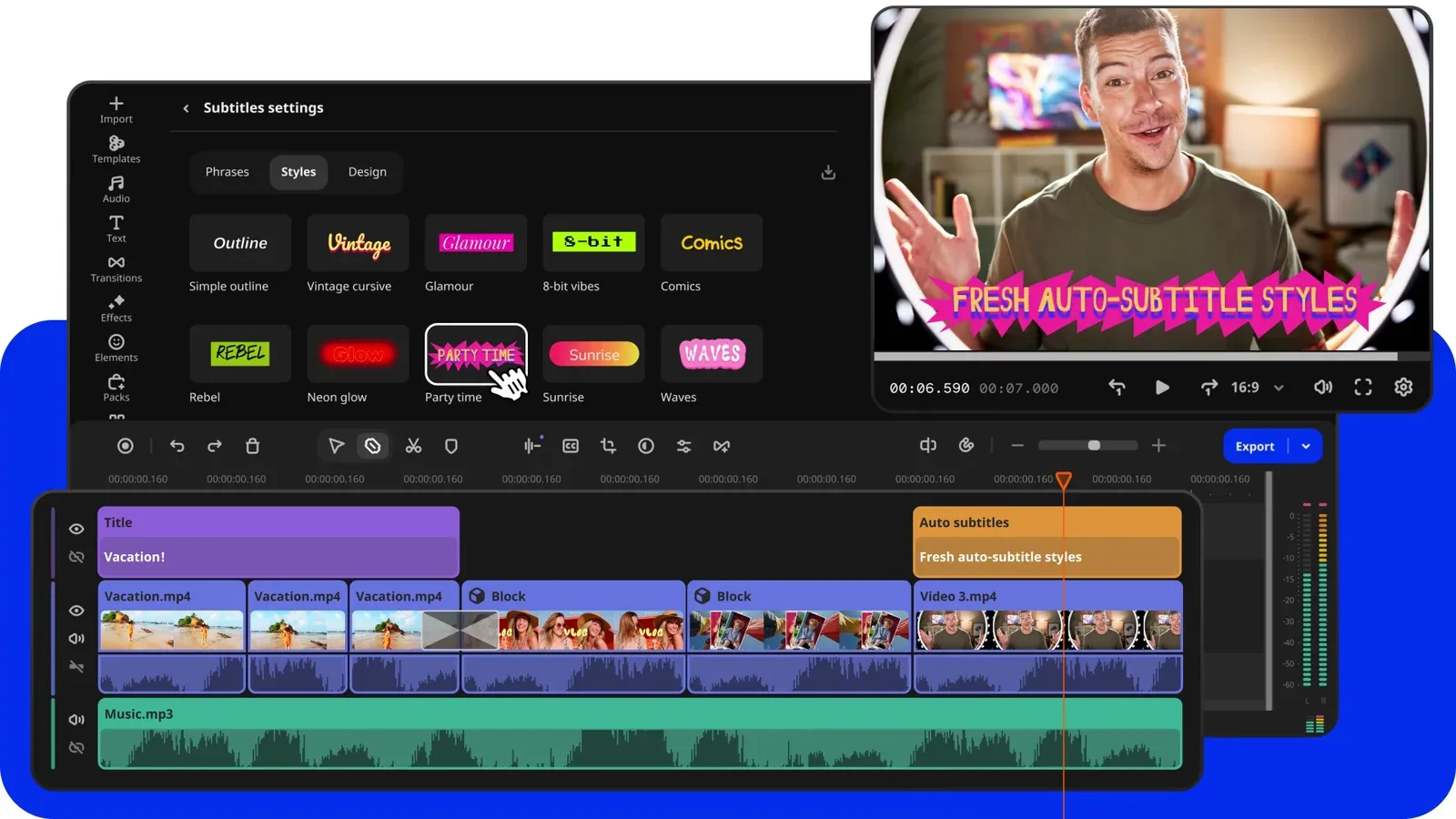 Movavi Video Editor subtitle style picker with a preview and a multi-track timeline with auto subtitles