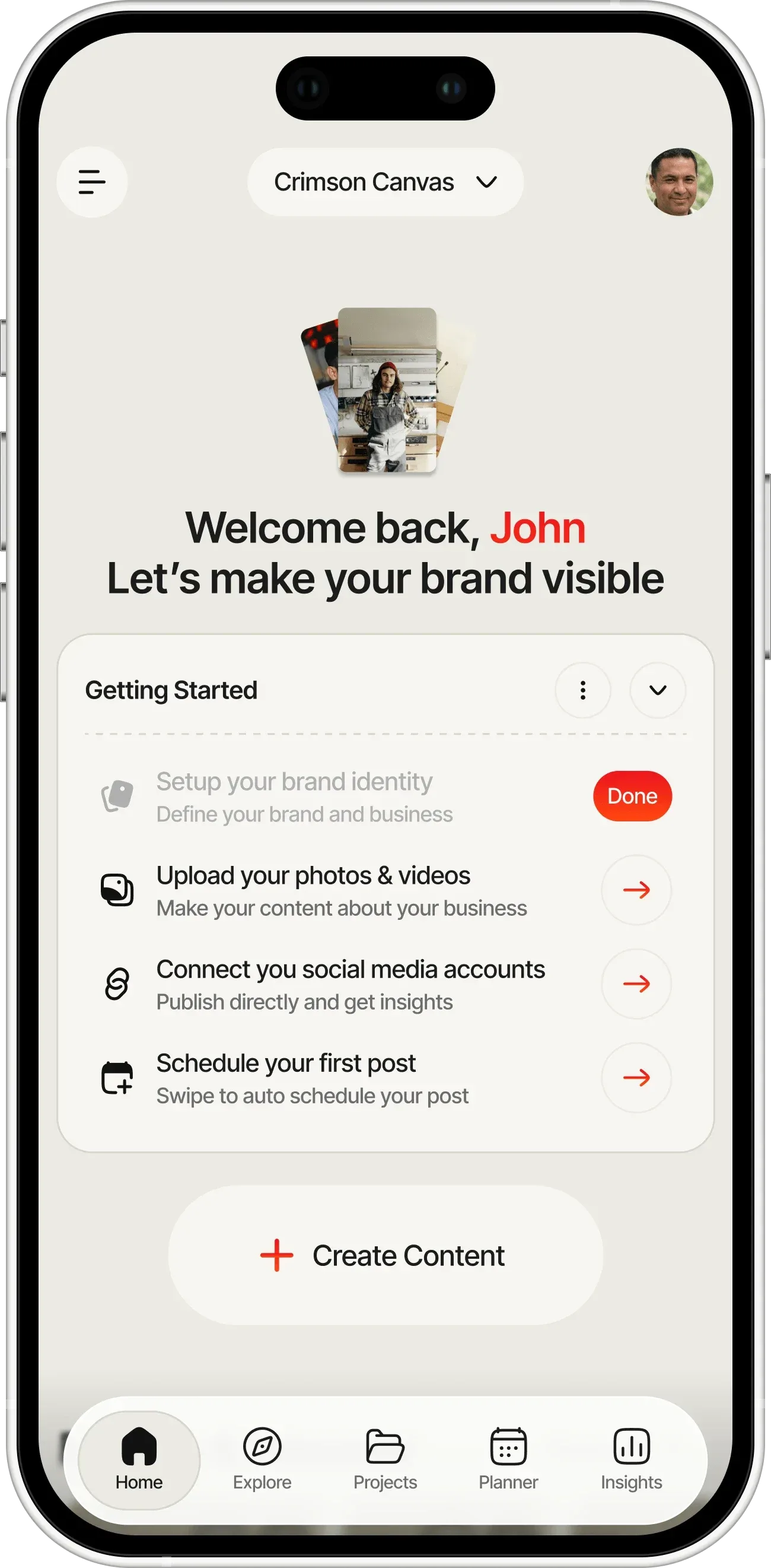 Munch mobile app home with a getting started checklist for brand identity, uploads and first post