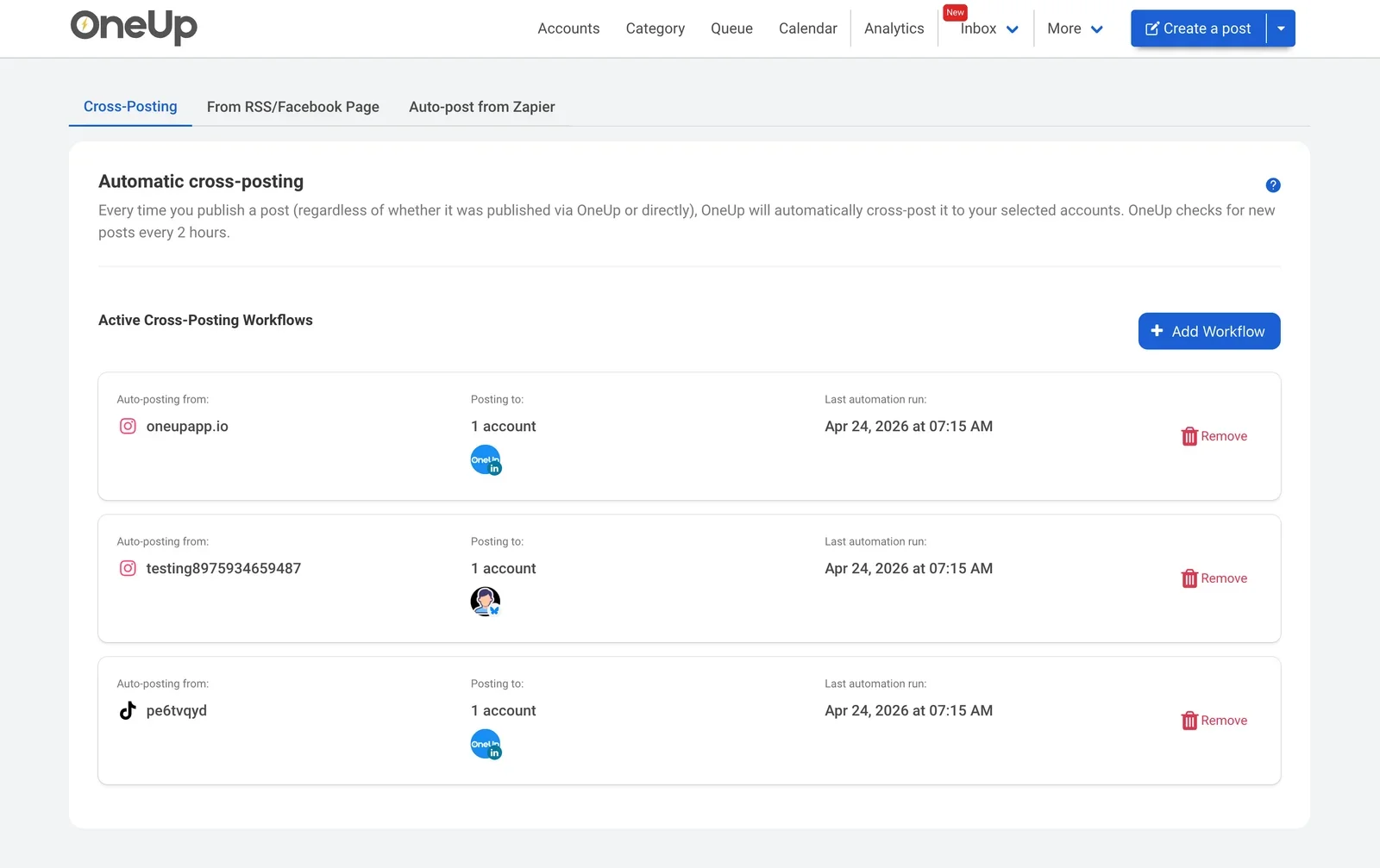 OneUp: Automatic cross-posting workflows screen (current UI, dated Apr 2026)