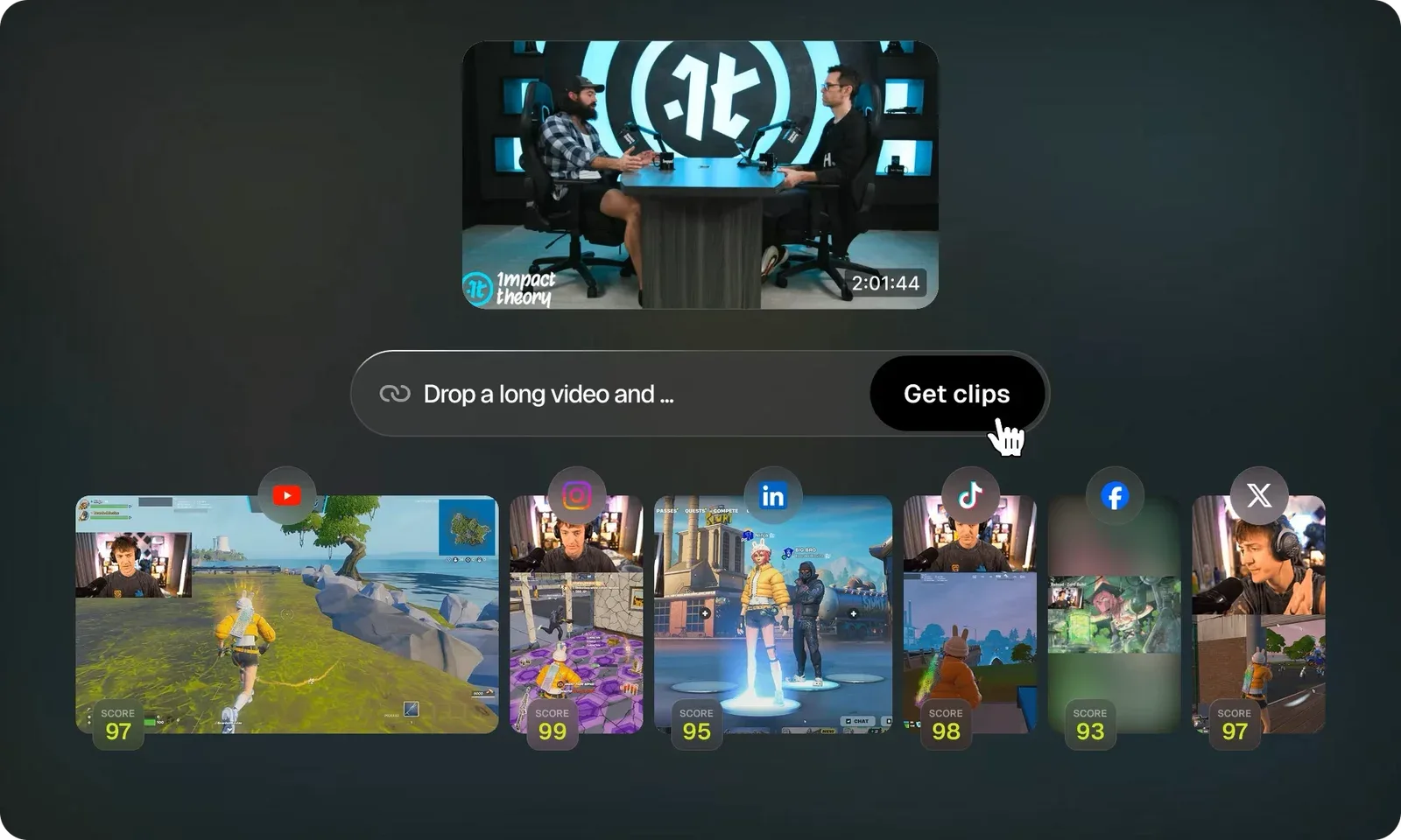 Opus Clip turning one long video into short clips for each platform, each with a virality score