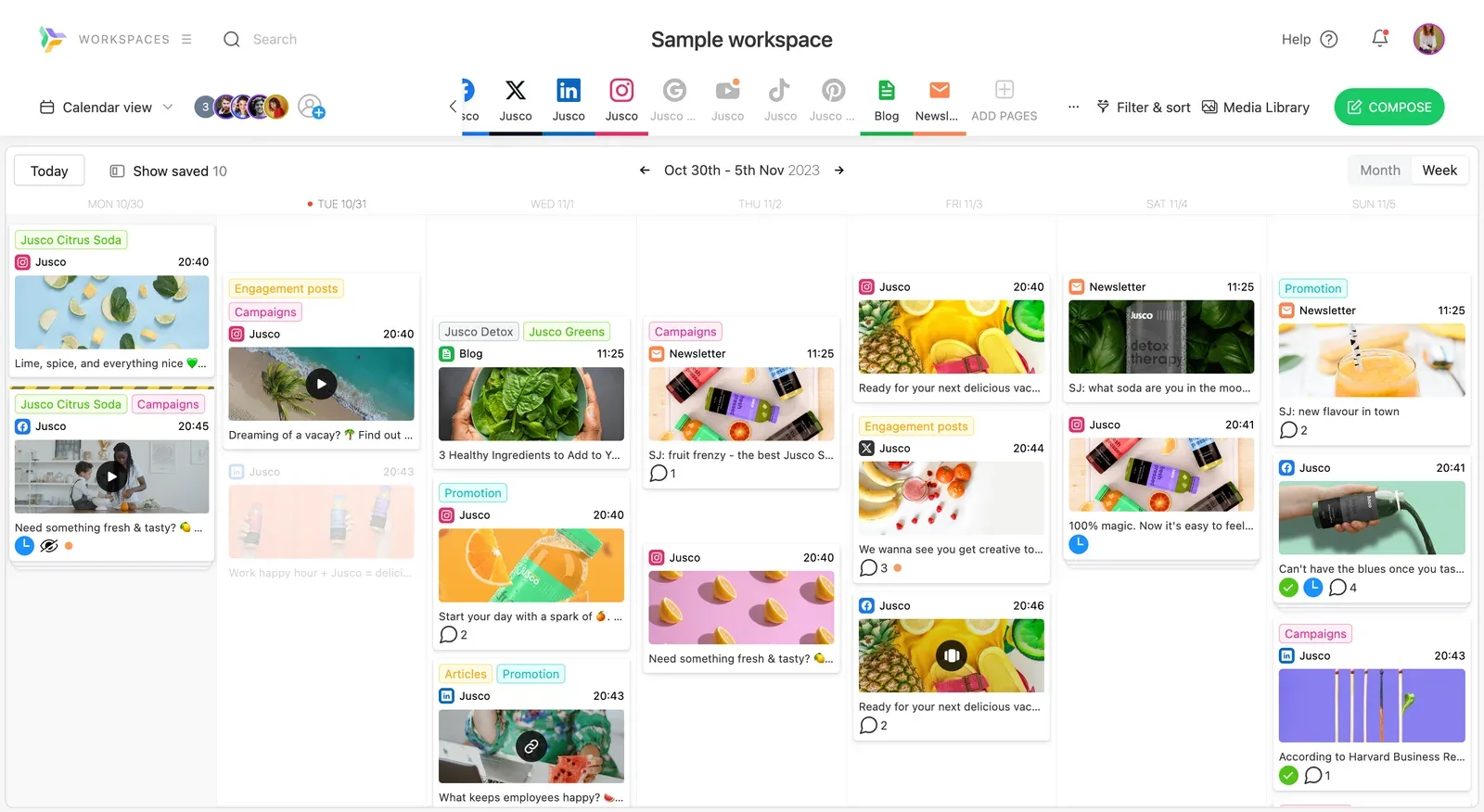 Planable calendar week view with posts for each channel, labels, comments and approval ticks