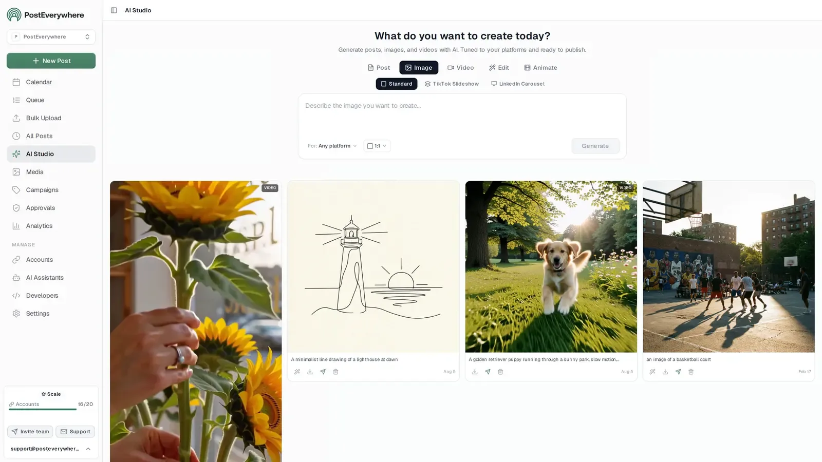 PostEverywhere AI Studio with Post, Image, Video, Edit and Animate modes above a gallery of generated images and videos