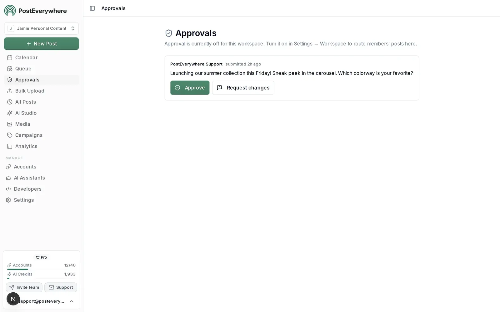 PostEverywhere Approvals screen with a submitted post and Approve and Request changes buttons