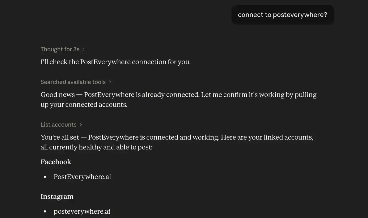 An AI assistant confirming its PostEverywhere connection and listing the connected Facebook and Instagram accounts