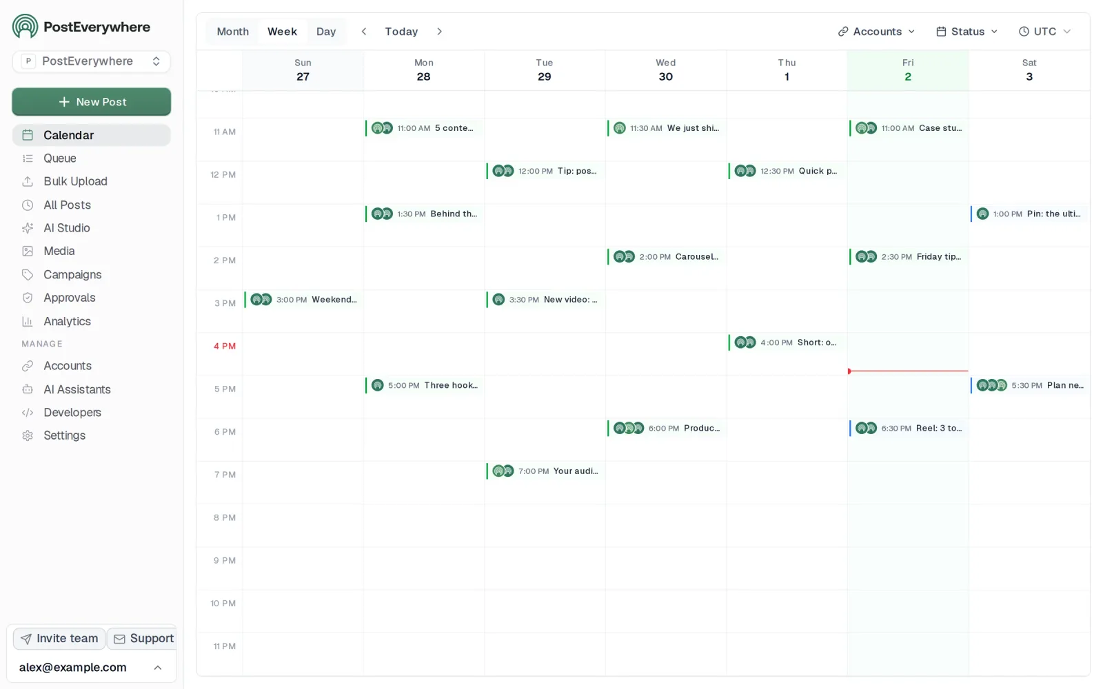 PostEverywhere content calendar showing a week of scheduled posts with the New Post button and sidebar