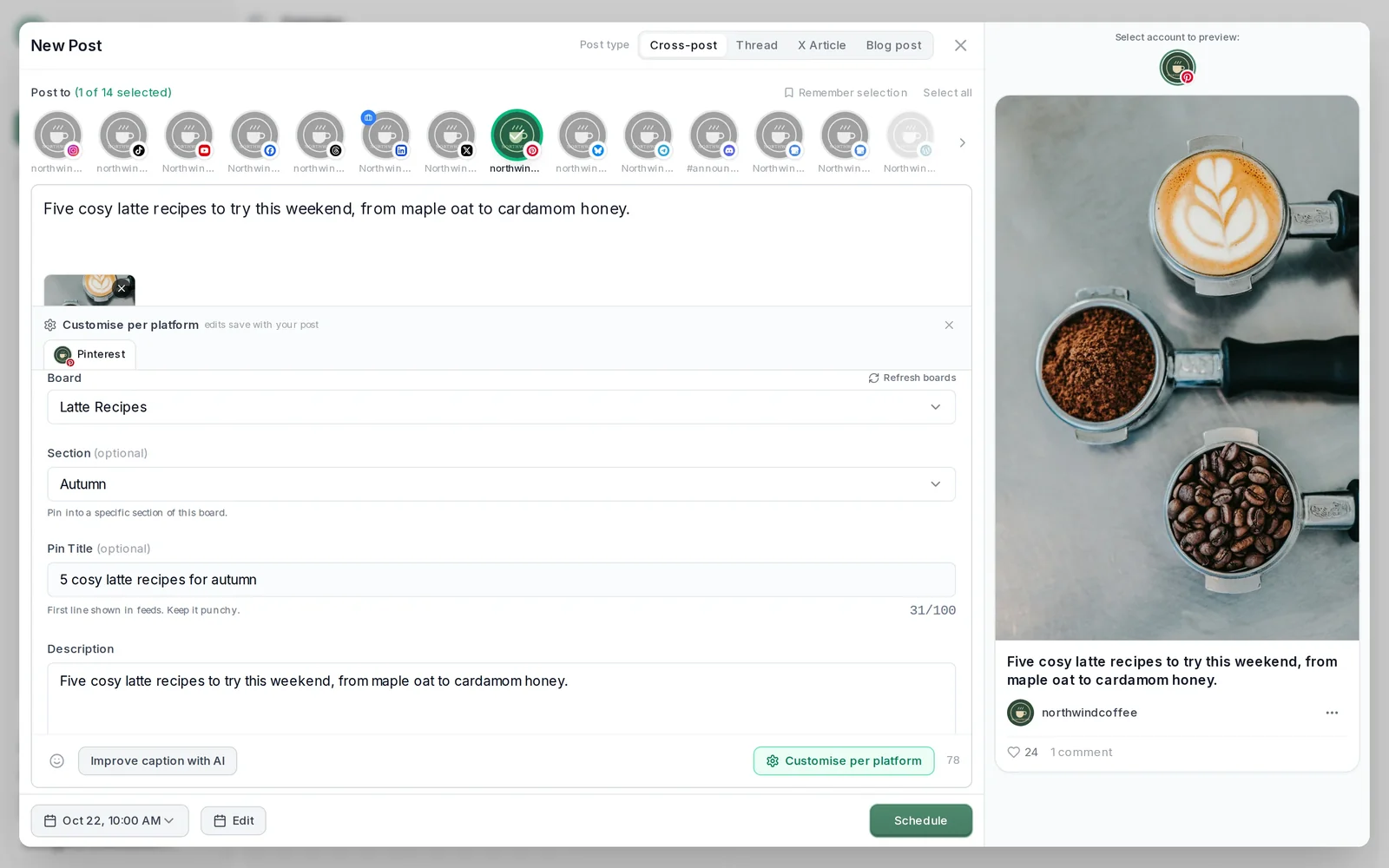 PostEverywhere composer choosing a Pinterest board and section and adding a pin title, with a pin preview