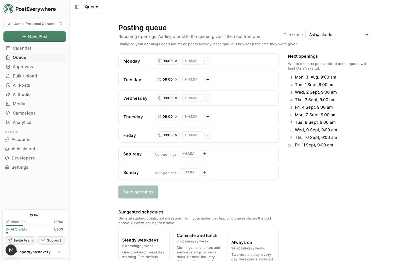 PostEverywhere posting queue with weekly time slots and the list of next openings