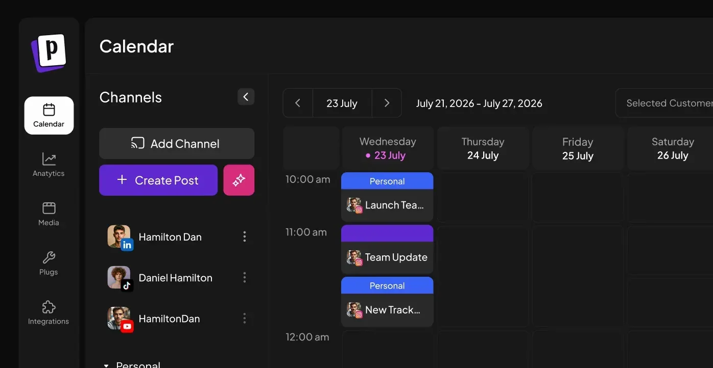 Postiz calendar in dark mode with a channel list, Create Post button and a week of scheduled posts