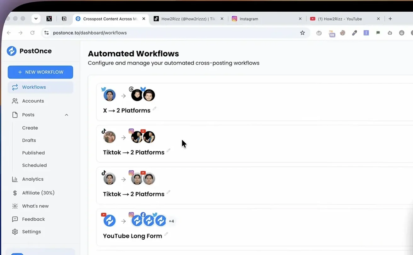 PostOnce: Real dashboard (postonce.to/dashboard/workflows): Automated Workflows list, e.g. TikTok -> 2 platforms, YouTube Long Form -> 4+; cropped from vendor demo poster to remove presenter face-cam and caption