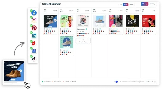 Predis.ai weekly content calendar with scheduled image posts across seven social networks